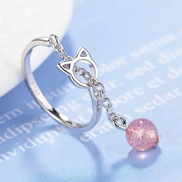 SOLD OUT - Silver Dangle Pink Moonstone Cat Ring - Picture 2 of 6